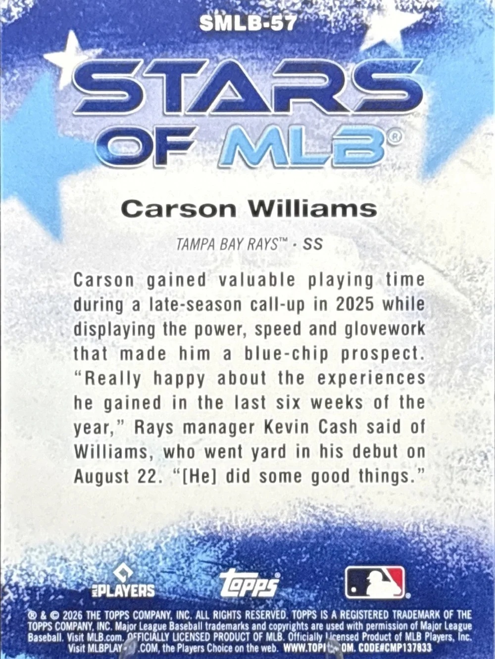 Topps Holographic Tampa Bay Rays Carson Williams Rookie- Stars of MLB